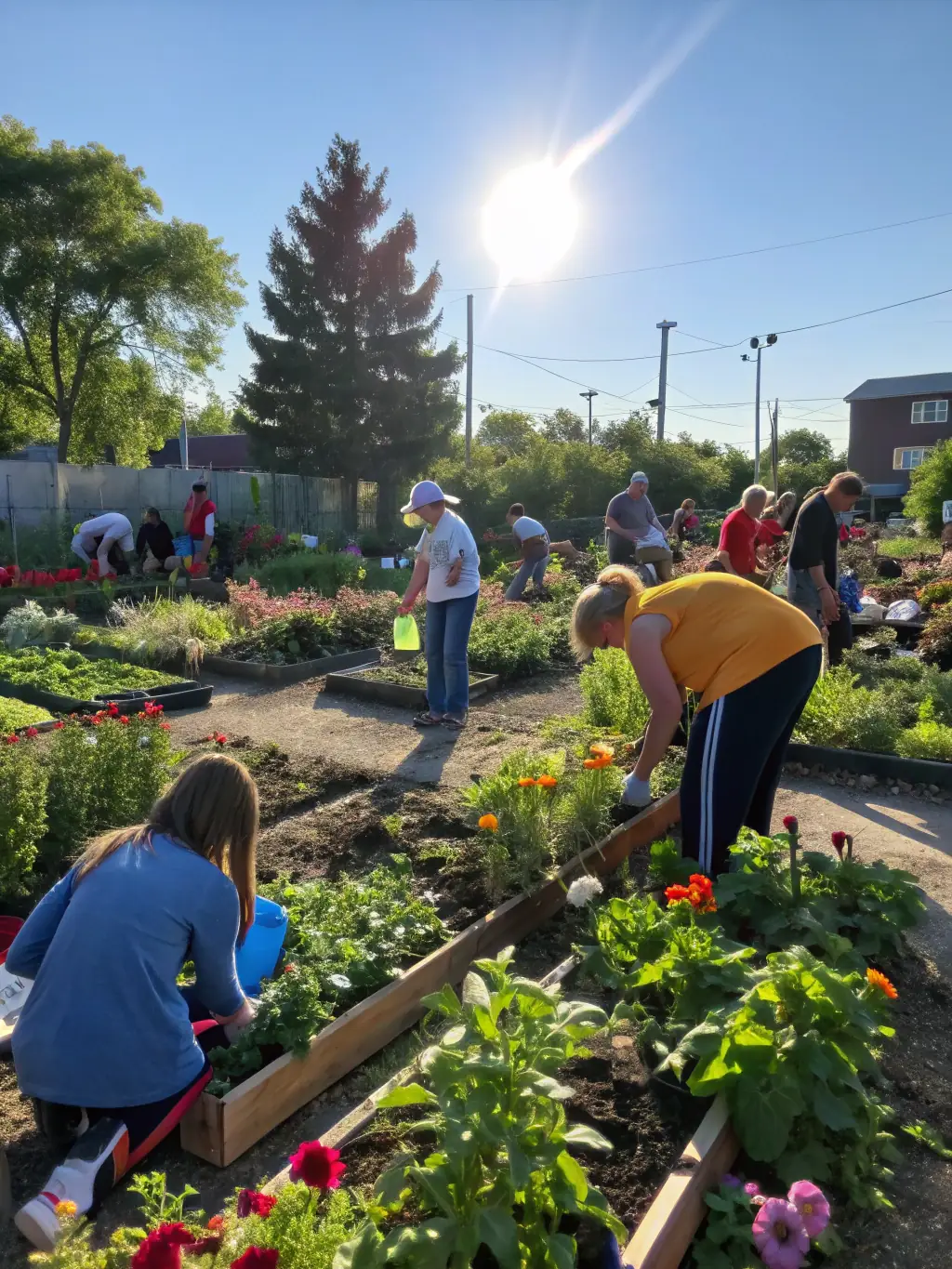 A heartwarming image of seniors and youth working together on a gardening project, planting flowers and vegetables in a community garden, symbolizing intergenerational collaboration.