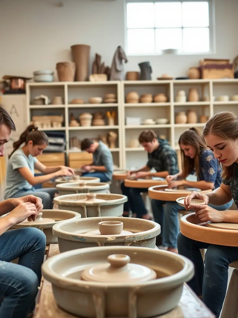 A photograph capturing a pottery class in session, with participants of varying ages focused on shaping clay, showcasing the tactile and creative aspects of the workshop.
