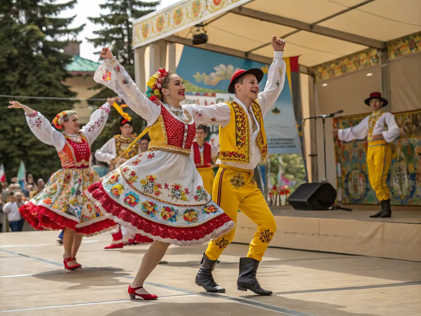 A lively image of a group of people participating in a traditional French dance class, with colorful costumes and energetic movements, highlighting the cultural aspect of the activity.