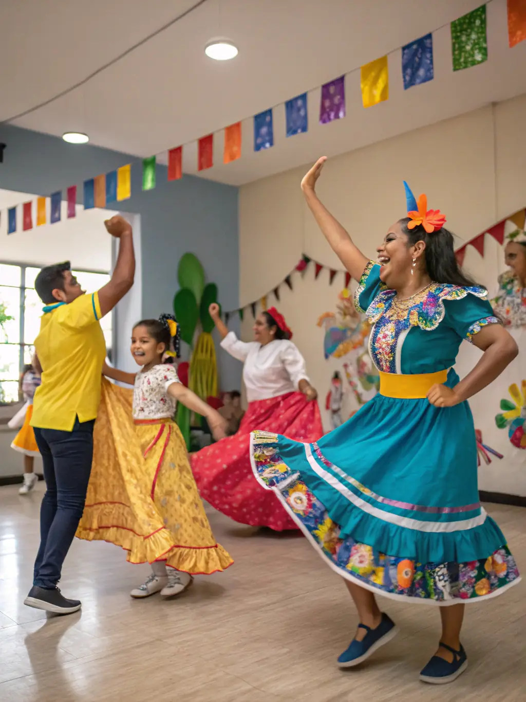 A photograph of a lively music and dance session, featuring participants of various ages learning traditional folk dances and playing musical instruments, set in a community hall.