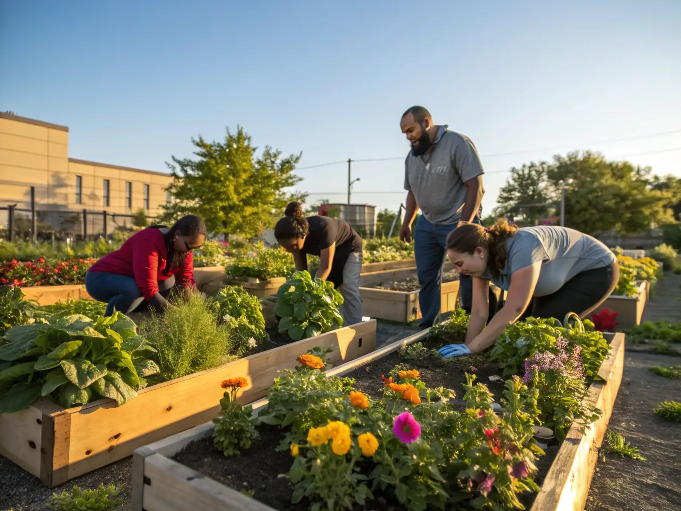 A cheerful image of children and adults participating in a community gardening project, planting flowers and vegetables, emphasizing the collaborative and environmentally friendly nature of the activity.