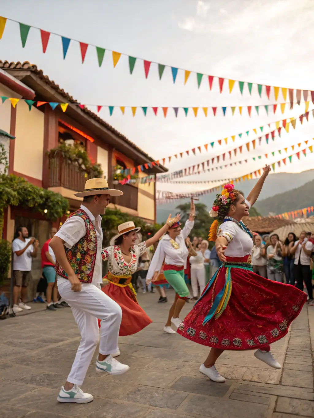 A vibrant image of a dance workshop, featuring participants learning a traditional folk dance, highlighting the energy and cultural richness of the activity.