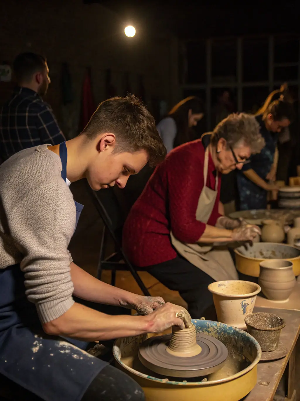 A photograph capturing a diverse group of community members actively participating in a pottery workshop, their hands skillfully shaping clay on spinning wheels, set in a bright and inviting studio environment.