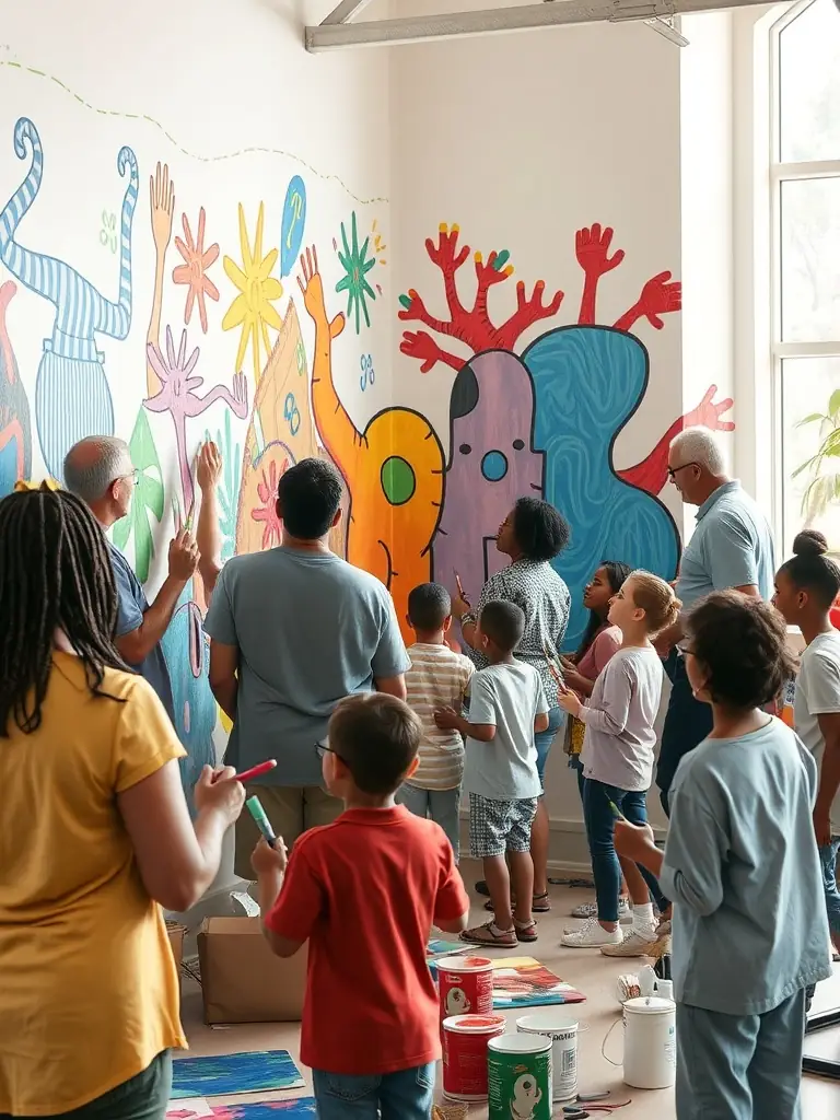 A vibrant image showing children and adults engaged in a collaborative mural painting project, adding colorful strokes to a large canvas that reflects local culture and heritage.