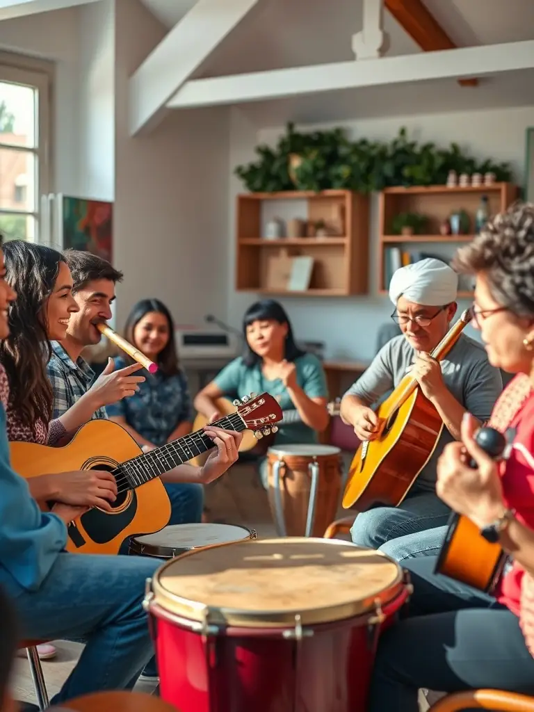 A photograph of a music ensemble practicing, showing various instruments being played and the conductor leading, emphasizing the collaborative nature of musical activities.