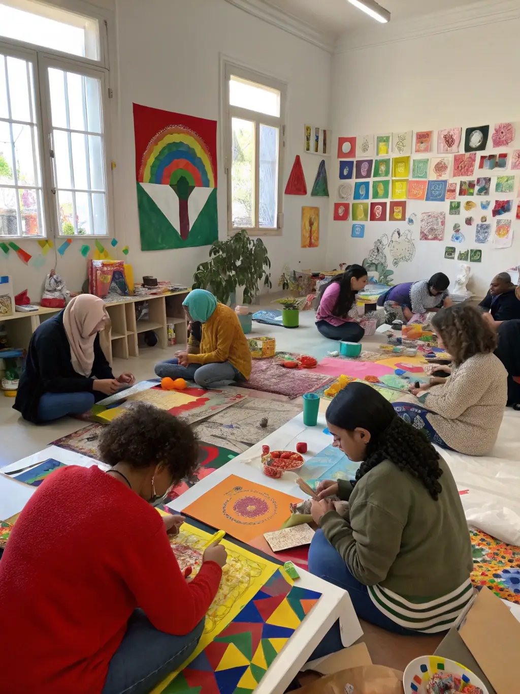 A photograph of a painting workshop, with participants creating colorful artwork, showcasing the diverse range of artistic styles and techniques explored.